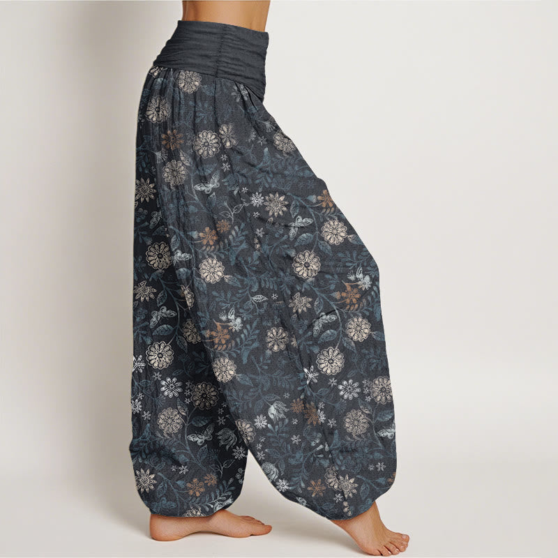 Buddha Stones Pure Cotton Casual New York Aster Flowers Leaves Design Women's Elastic Waist Harem Pants