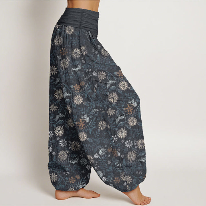 Buddha Stones Pure Cotton Casual New York Aster Flowers Leaves Design Women's Elastic Waist Harem Pants