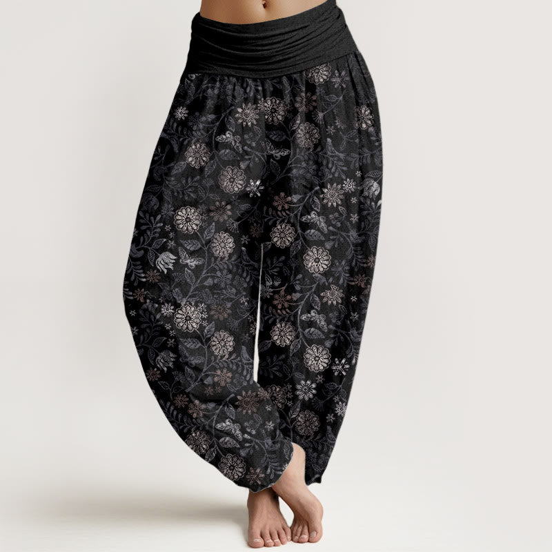 Buddha Stones Pure Cotton Casual New York Aster Flowers Leaves Design Women's Elastic Waist Harem Pants