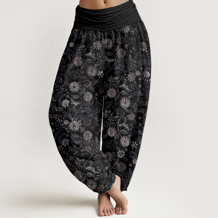 Buddha Stones Pure Cotton Casual New York Aster Flowers Leaves Design Women's Elastic Waist Harem Pants