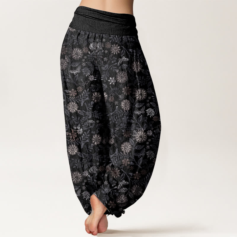 Buddha Stones Pure Cotton Casual New York Aster Flowers Leaves Design Women's Elastic Waist Harem Pants