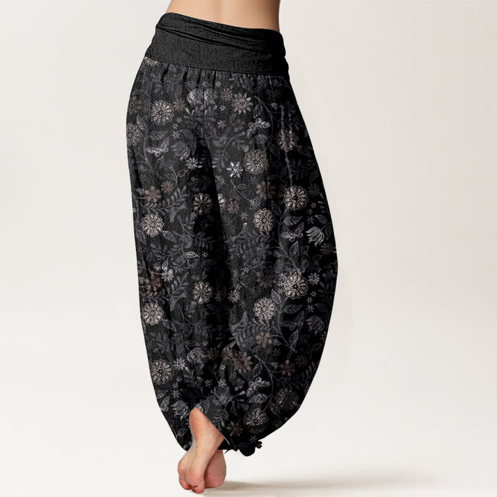 Buddha Stones Pure Cotton Casual New York Aster Flowers Leaves Design Women's Elastic Waist Harem Pants