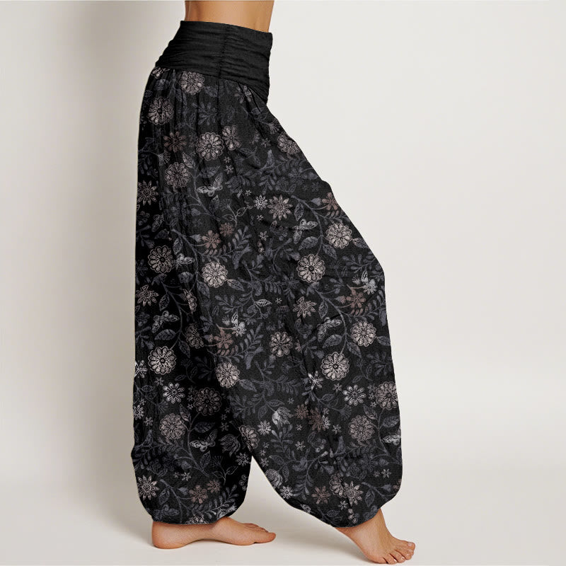 Buddha Stones Pure Cotton Casual New York Aster Flowers Leaves Design Women's Elastic Waist Harem Pants