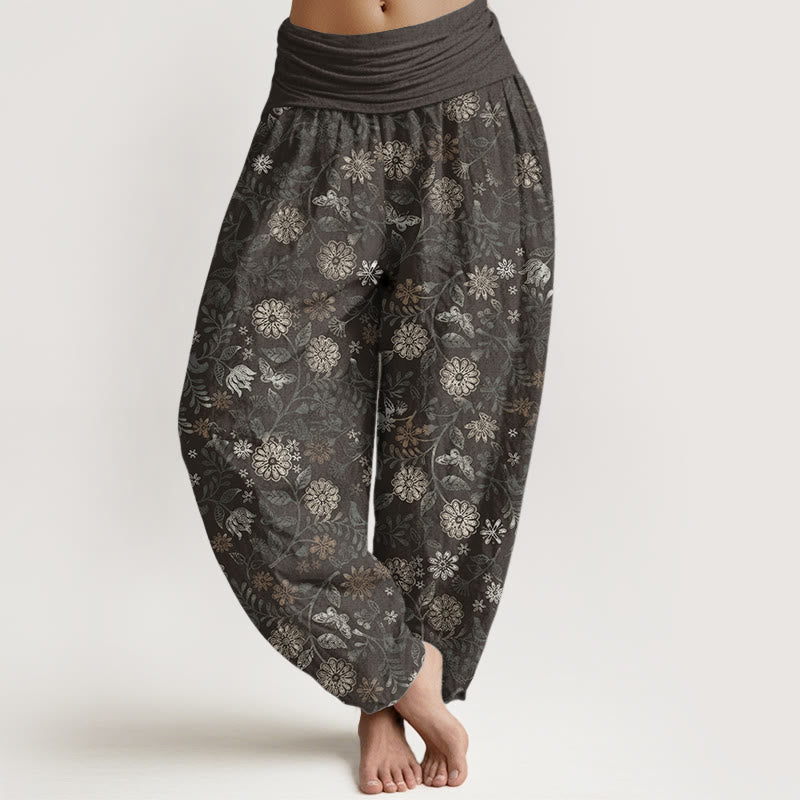 Buddha Stones Pure Cotton Casual New York Aster Flowers Leaves Design Women's Elastic Waist Harem Pants
