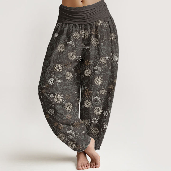 Buddha Stones Pure Cotton Casual New York Aster Flowers Leaves Design Women's Elastic Waist Harem Pants