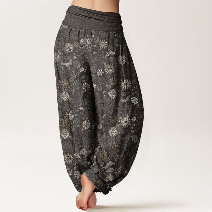 Buddha Stones Pure Cotton Casual New York Aster Flowers Leaves Design Women's Elastic Waist Harem Pants