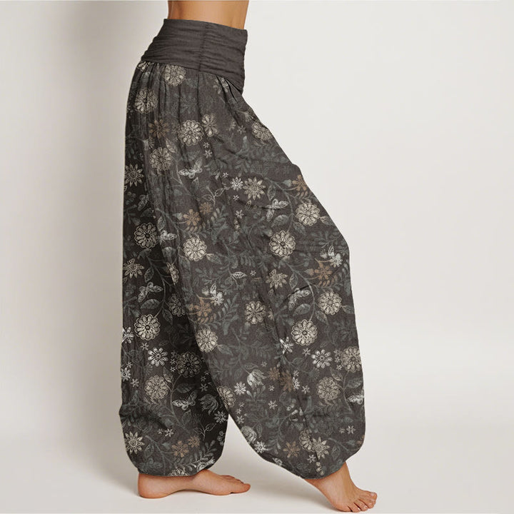 Buddha Stones Pure Cotton Casual New York Aster Flowers Leaves Design Women's Elastic Waist Harem Pants