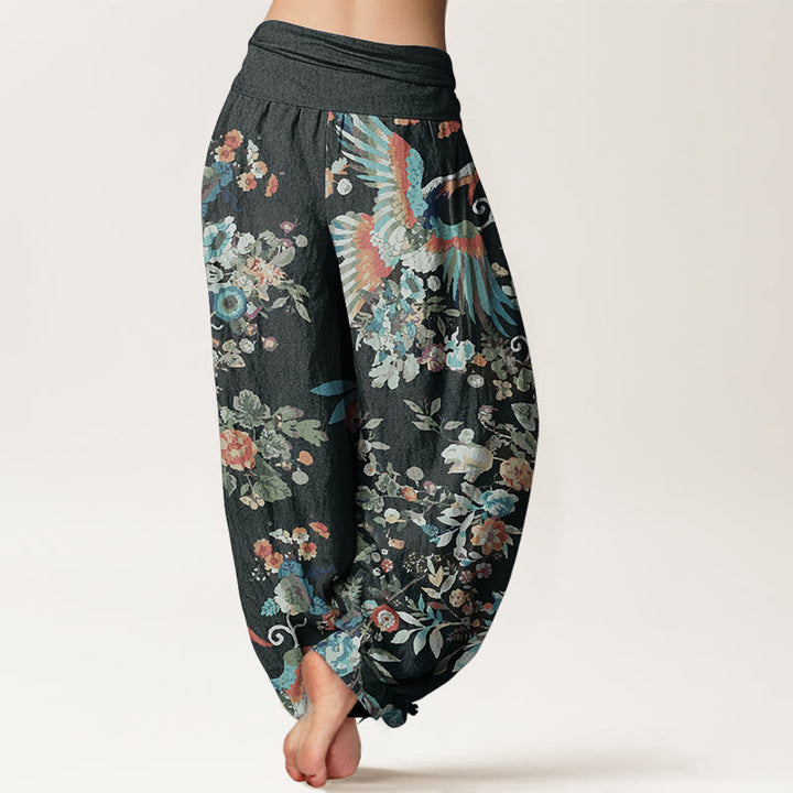 Buddha Stones Pure Cotton Colorful Flowers Birds Leaves Pattern Women's Elastic Waist Harem Pants - image 1