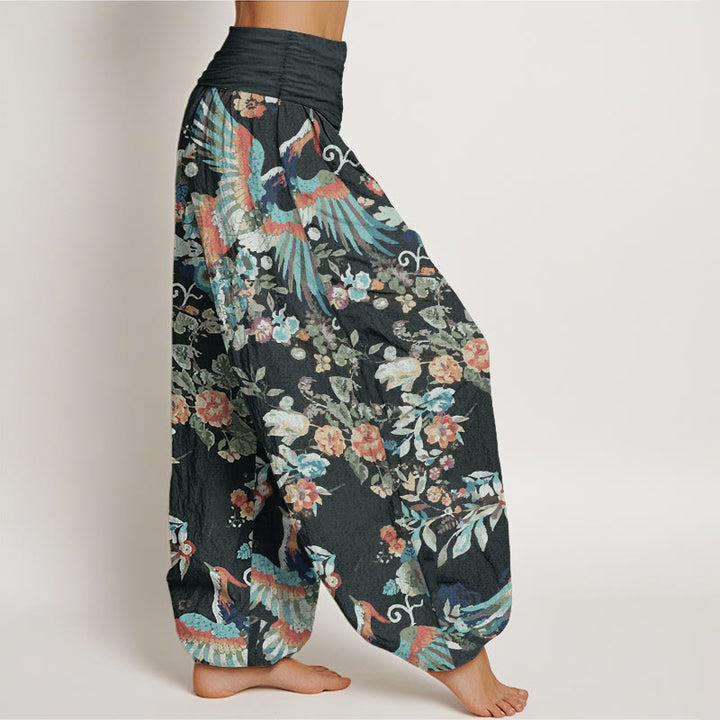 Buddha Stones Pure Cotton Colorful Flowers Birds Leaves Pattern Women's Elastic Waist Harem Pants