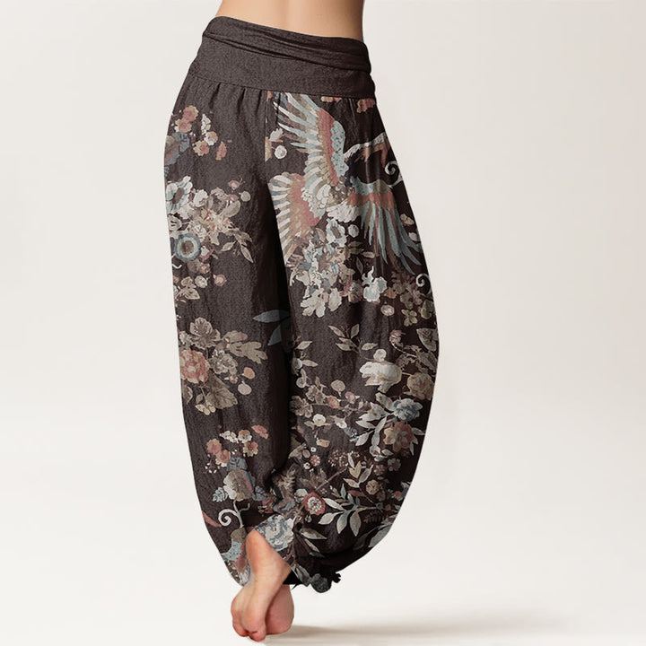 Buddha Stones Pure Cotton Colorful Flowers Birds Leaves Pattern Women's Elastic Waist Harem Pants