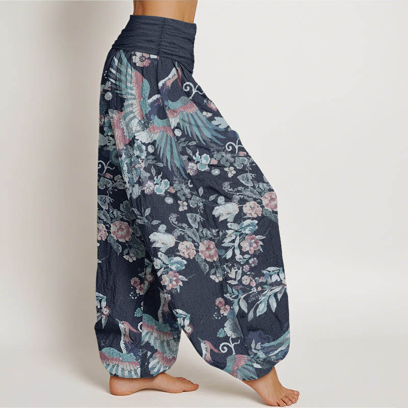 Buddha Stones Pure Cotton Colorful Flowers Birds Leaves Pattern Women's Elastic Waist Harem Pants