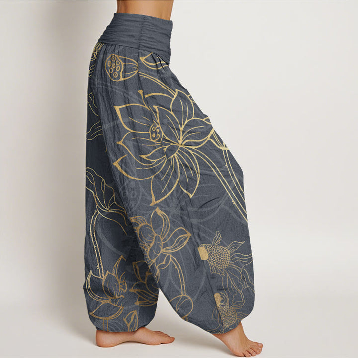 Buddha Stones Pure Cotton Lotus Leaf Koi Fish Women's Elastic Waist Harem Pants - image 8