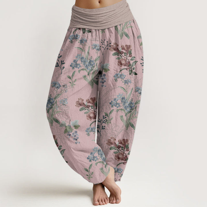 Buddha Stones Pure Cotton Red Blue Flowers Green Leaves Design Women's Elastic Waist Harem Pants - PaleVioletRed - US22，UK/AU26，EU54 (6XL) - image 0