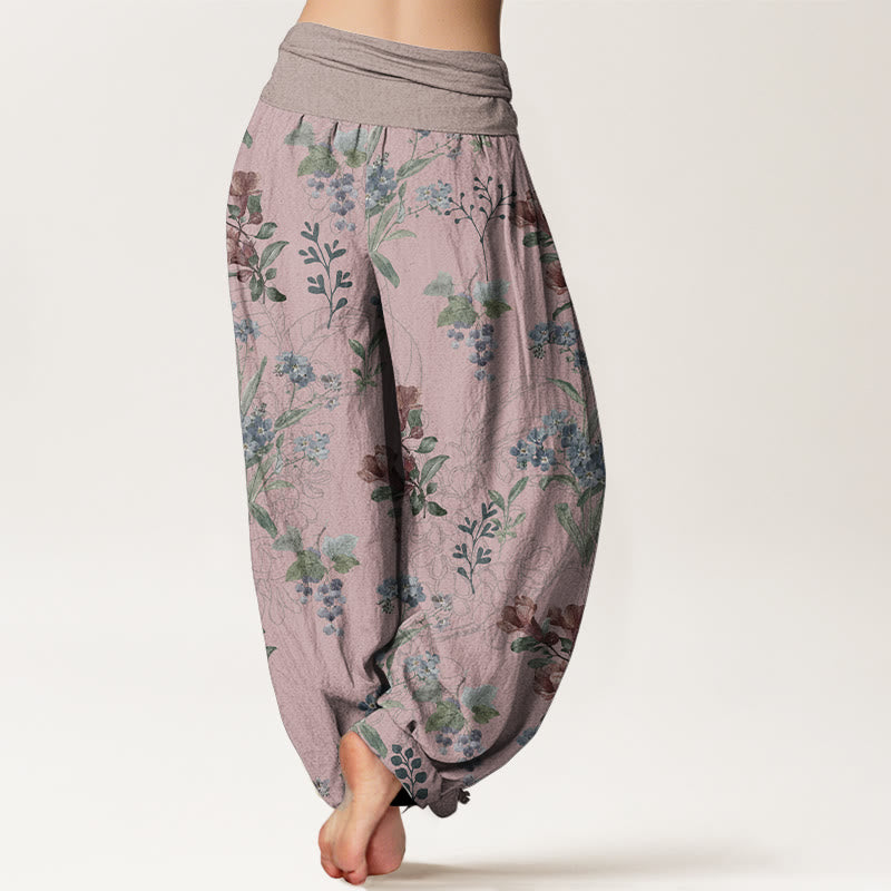 Buddha Stones Pure Cotton Red Blue Flowers Green Leaves Design Women's Elastic Waist Harem Pants - image 1