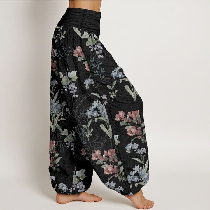 Buddha Stones Pure Cotton Red Blue Flowers Green Leaves Design Women's Elastic Waist Harem Pants - image 7