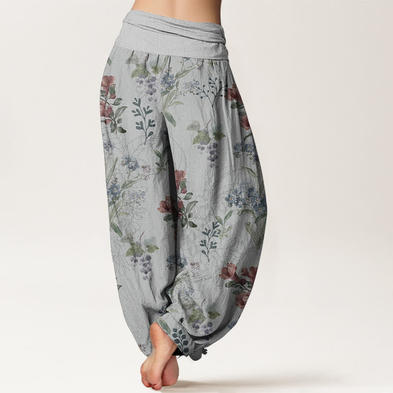 Buddha Stones Pure Cotton Red Blue Flowers Green Leaves Design Women's Elastic Waist Harem Pants - image 9