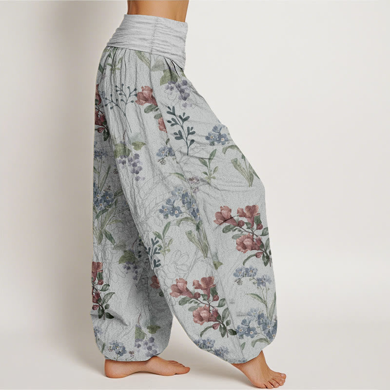Buddha Stones Pure Cotton Red Blue Flowers Green Leaves Design Women's Elastic Waist Harem Pants
