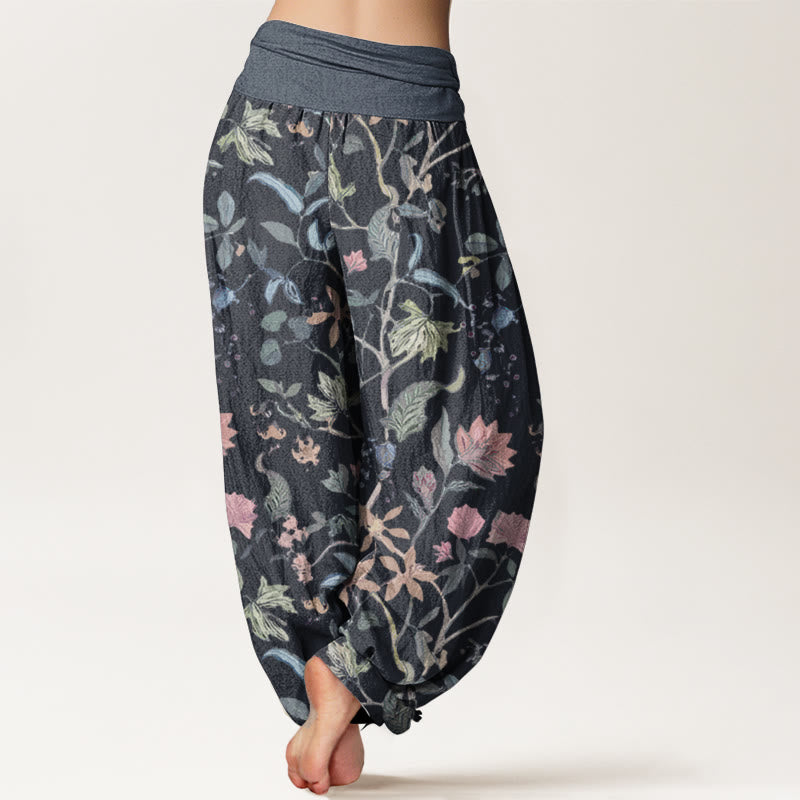 Buddha Stones Pure Cotton Floral Leaf Vine Design Women's Elastic Waist Harem Pants