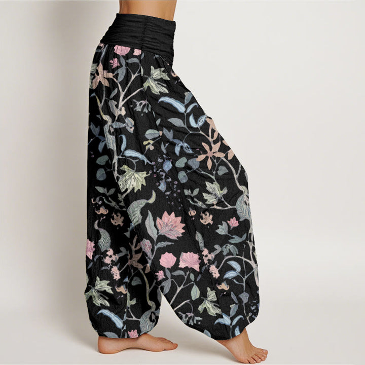 Buddha Stones Pure Cotton Floral Leaf Vine Design Women's Elastic Waist Harem Pants