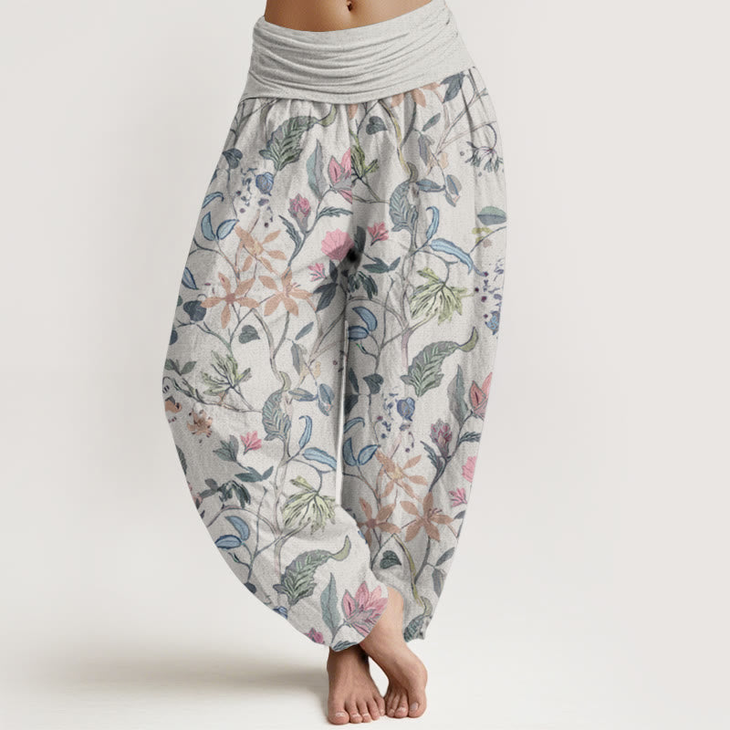 Buddha Stones Pure Cotton Floral Leaf Vine Design Women's Elastic Waist Harem Pants