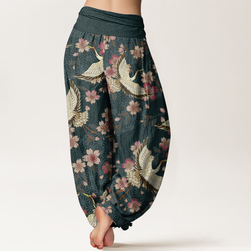 Buddha Stones Pure Cotton Crane Peach Blossom Pattern Women's Elastic Waist Harem Pants