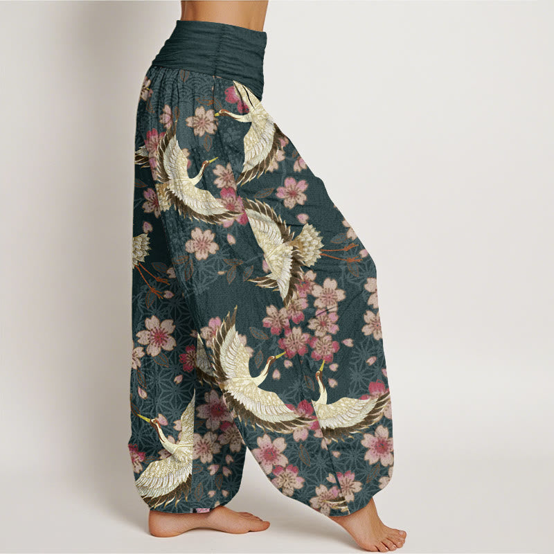 Buddha Stones Pure Cotton Crane Peach Blossom Pattern Women's Elastic Waist Harem Pants