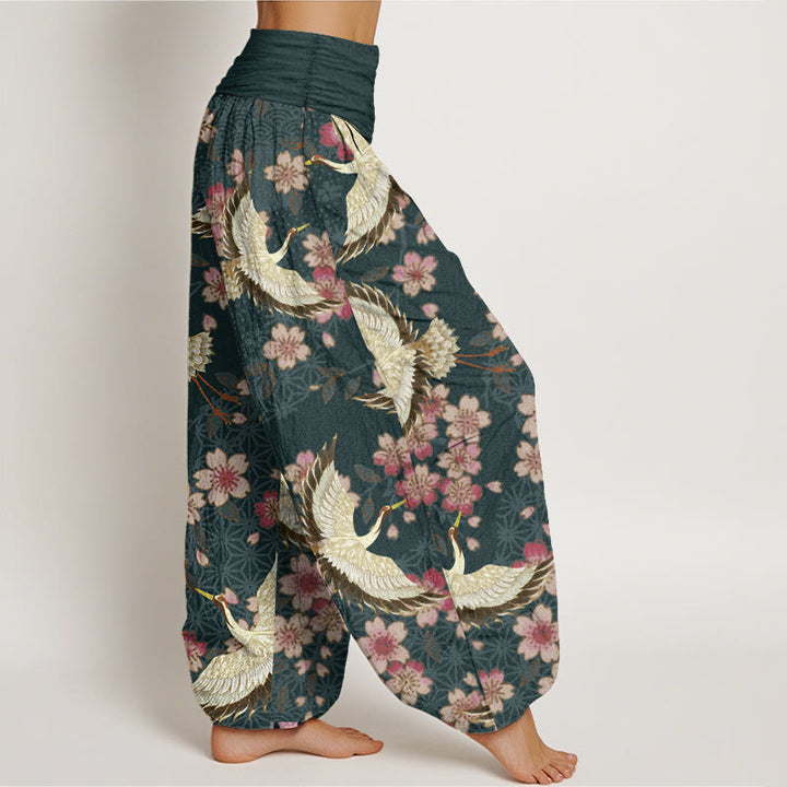 Buddha Stones Pure Cotton Crane Peach Blossom Pattern Women's Elastic Waist Harem Pants