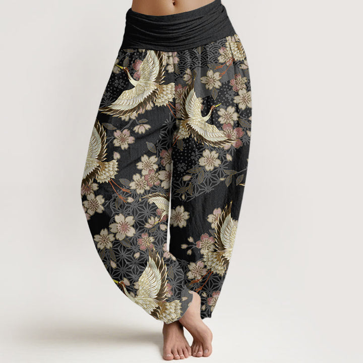 Buddha Stones Pure Cotton Crane Peach Blossom Pattern Women's Elastic Waist Harem Pants