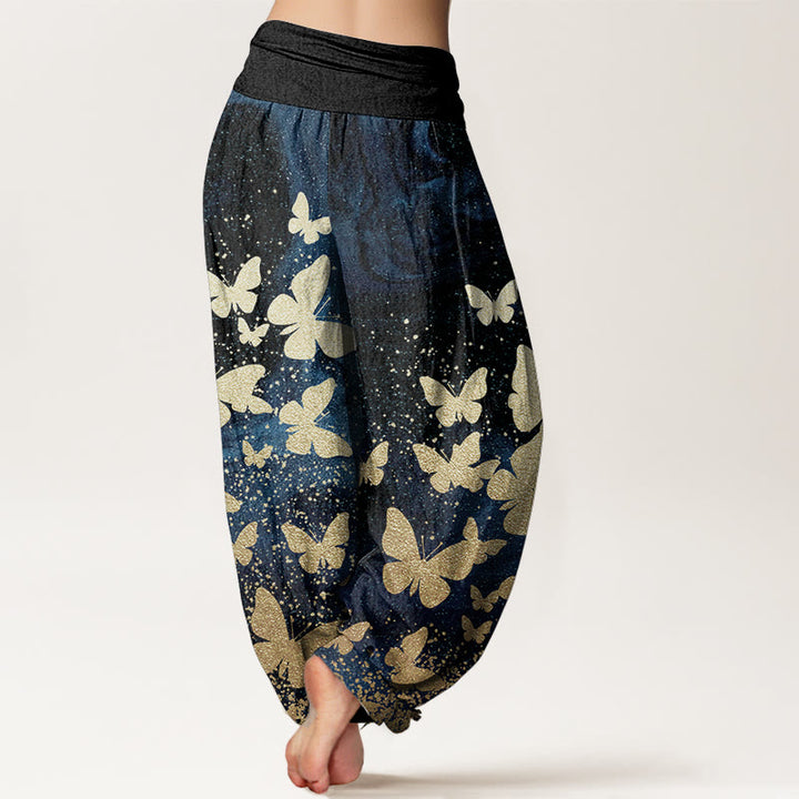 Buddha Stones Pure Cotton Casual Golden Butterfly Pattern Women's Elastic Waist Harem Pants