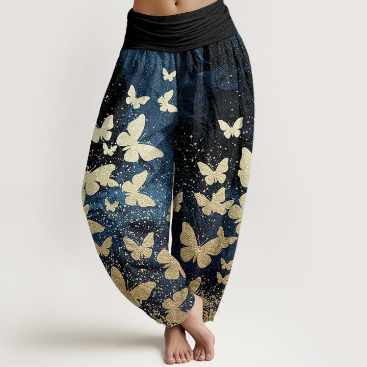 Buddha Stones Pure Cotton Casual Golden Butterfly Pattern Women's Elastic Waist Harem Pants