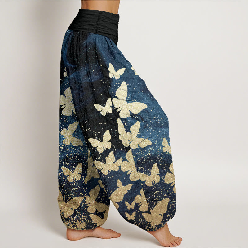 Buddha Stones Pure Cotton Casual Golden Butterfly Pattern Women's Elastic Waist Harem Pants