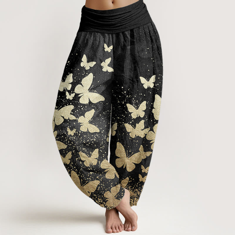 Buddha Stones Pure Cotton Casual Golden Butterfly Pattern Women's Elastic Waist Harem Pants