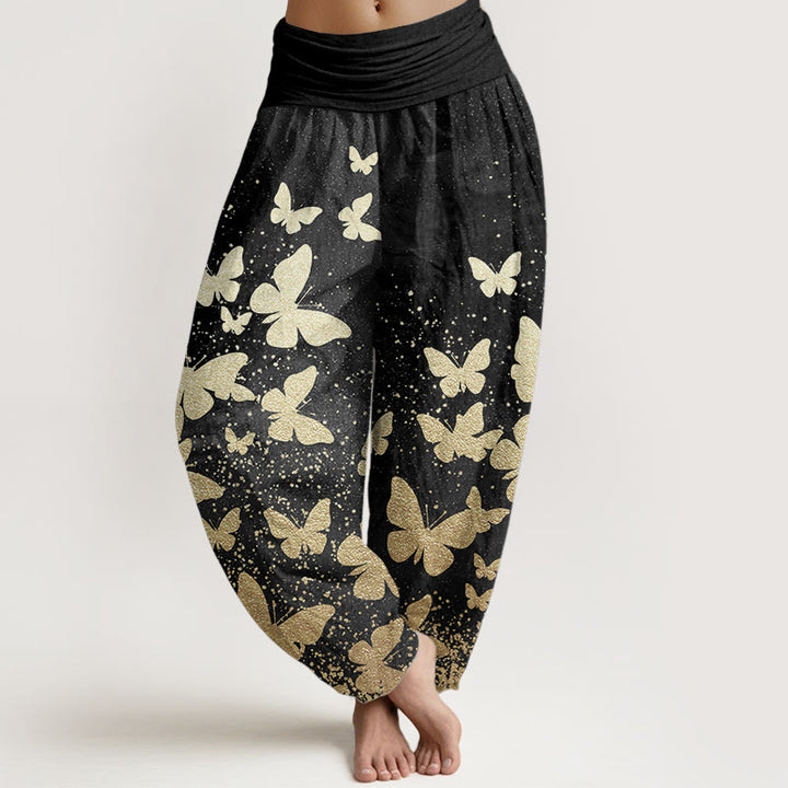 Buddha Stones Pure Cotton Casual Golden Butterfly Pattern Women's Elastic Waist Harem Pants