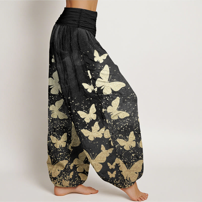 Buddha Stones Pure Cotton Casual Golden Butterfly Pattern Women's Elastic Waist Harem Pants