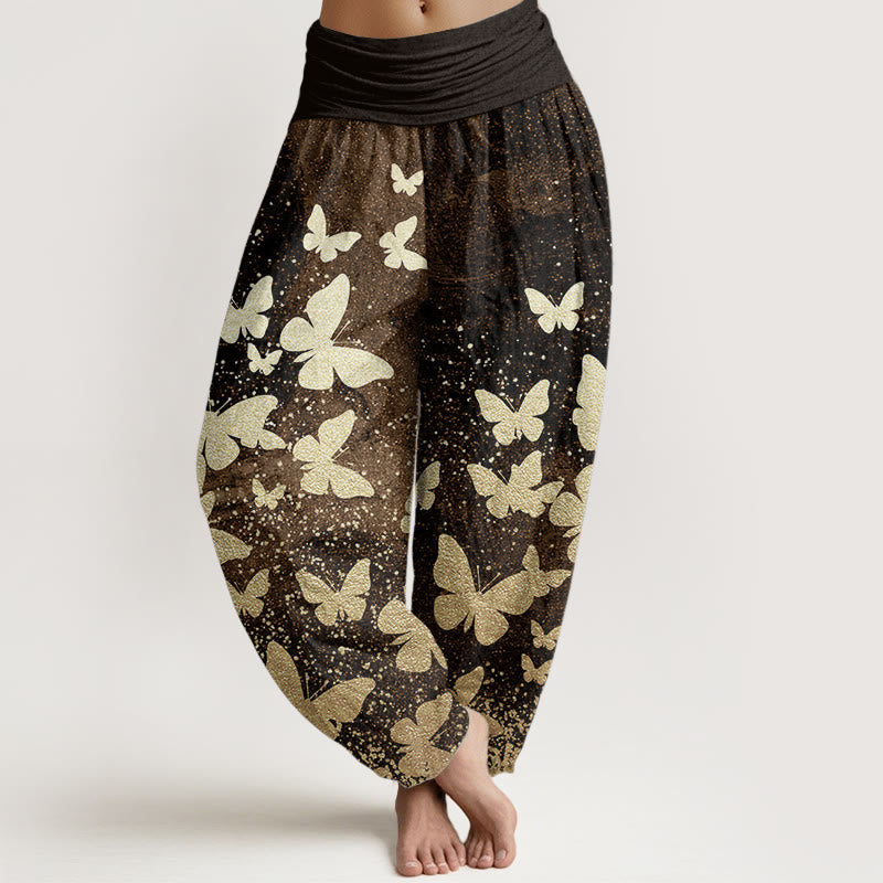Buddha Stones Pure Cotton Casual Golden Butterfly Pattern Women's Elastic Waist Harem Pants