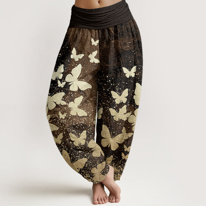 Buddha Stones Pure Cotton Casual Golden Butterfly Pattern Women's Elastic Waist Harem Pants