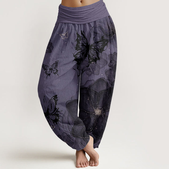 Buddha Stones Pure Cotton Butterfly Flowers Pattern Women's Elastic Waist Harem Pants
