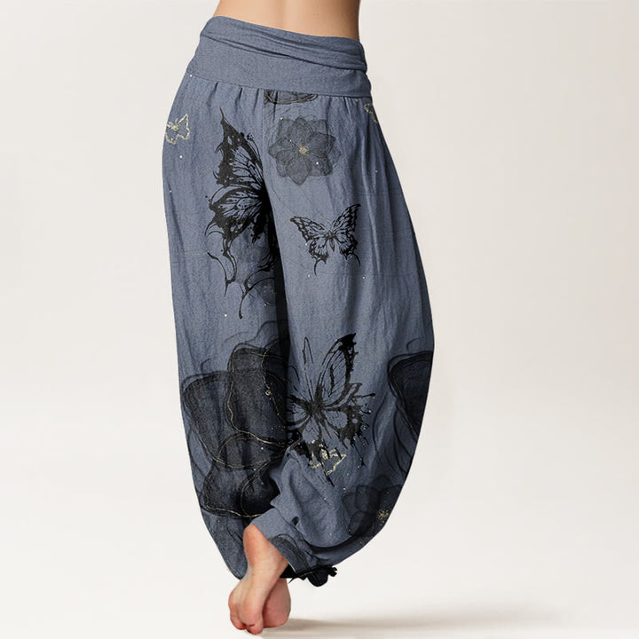 Buddha Stones Pure Cotton Butterfly Flowers Pattern Women's Elastic Waist Harem Pants