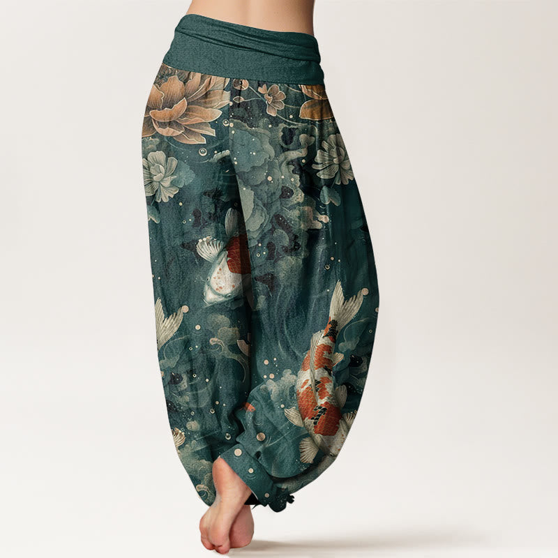 Buddha Stones Pure Cotton Colorful Koi Fish Lotus Flowers Design Women's Elastic Waist Harem Pants