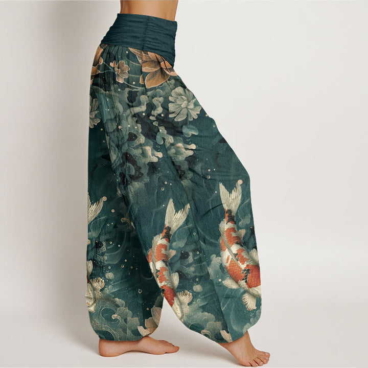 Buddha Stones Pure Cotton Colorful Koi Fish Lotus Flowers Design Women's Elastic Waist Harem Pants
