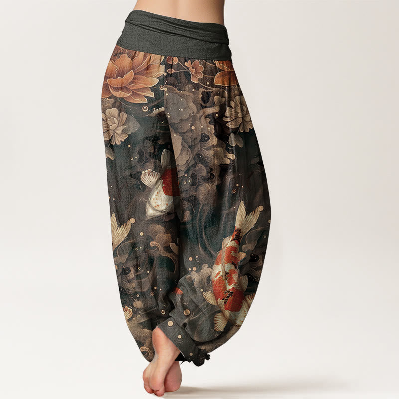 Buddha Stones Pure Cotton Colorful Koi Fish Lotus Flowers Design Women's Elastic Waist Harem Pants