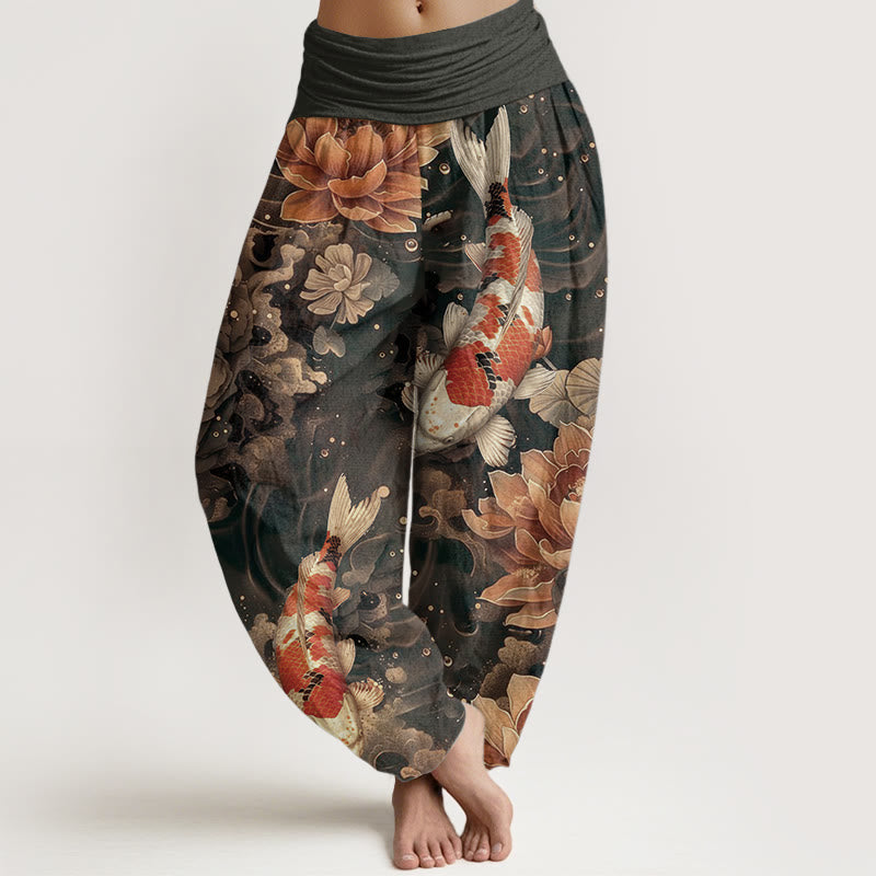 Buddha Stones Pure Cotton Colorful Koi Fish Lotus Flowers Design Women's Elastic Waist Harem Pants