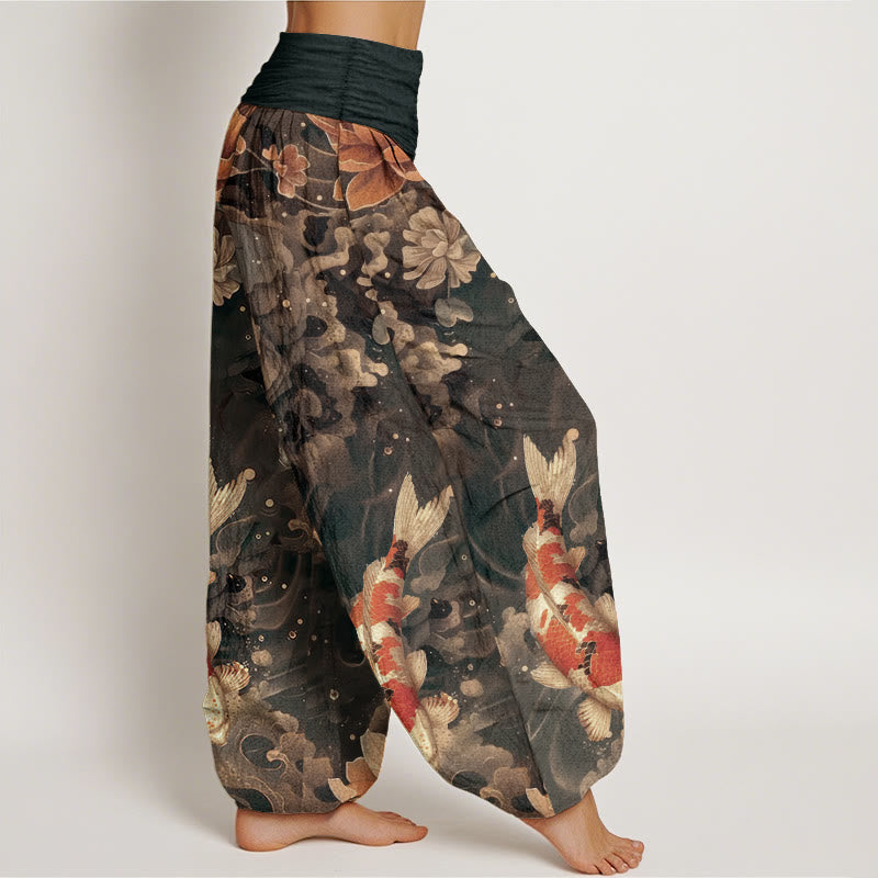 Buddha Stones Pure Cotton Colorful Koi Fish Lotus Flowers Design Women's Elastic Waist Harem Pants