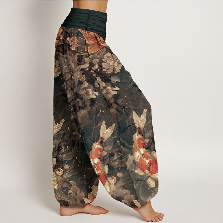 Buddha Stones Pure Cotton Colorful Koi Fish Lotus Flowers Design Women's Elastic Waist Harem Pants