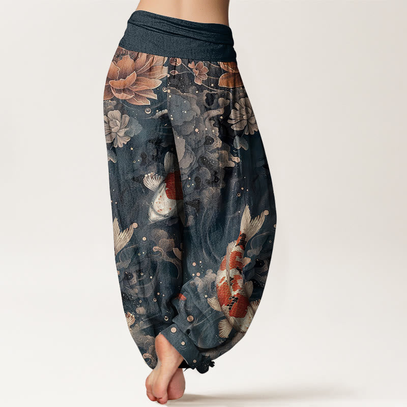 Buddha Stones Pure Cotton Colorful Koi Fish Lotus Flowers Design Women's Elastic Waist Harem Pants