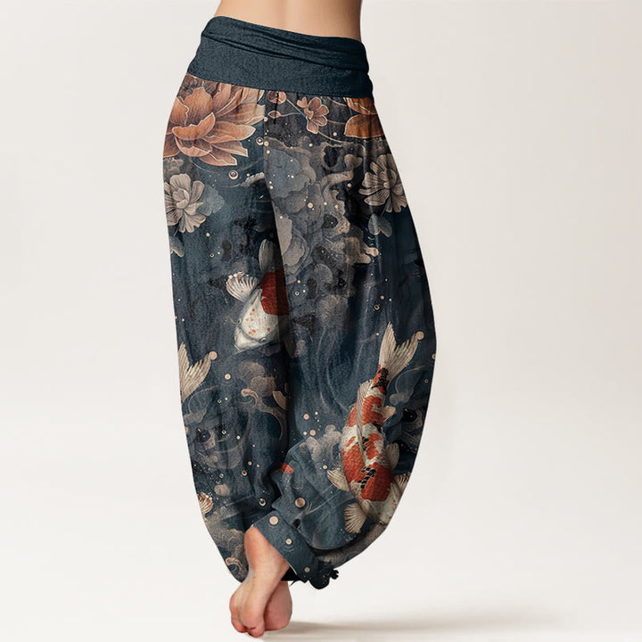 Buddha Stones Pure Cotton Colorful Koi Fish Lotus Flowers Design Women's Elastic Waist Harem Pants