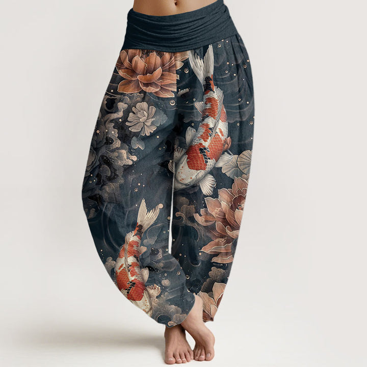 Buddha Stones Pure Cotton Colorful Koi Fish Lotus Flowers Design Women's Elastic Waist Harem Pants