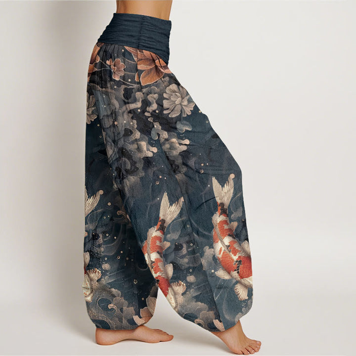 Buddha Stones Pure Cotton Colorful Koi Fish Lotus Flowers Design Women's Elastic Waist Harem Pants - image 11