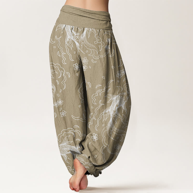 Buddha Stones Pure Cotton Casual Koi Fish Waves And Petal Line Pattern Women's Elastic Waist Harem Pants - image 6