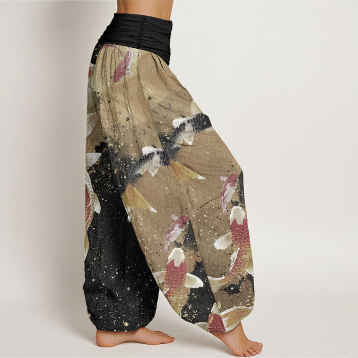 Buddha Stones Pure Cotton Casual Koi Fish Gold Ink Background Pattern Women's Elastic Waist Harem Pants